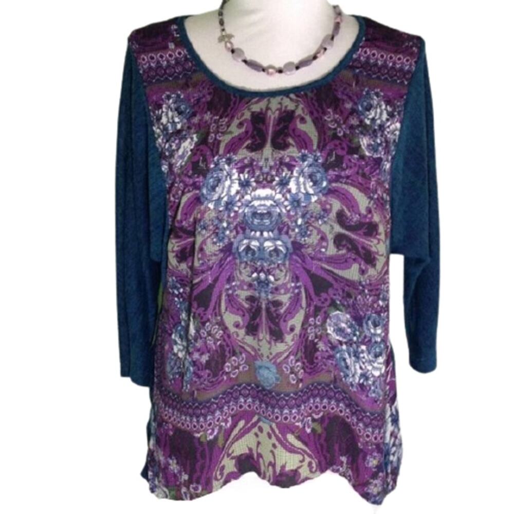 ONE WORLD Cross Stitch Look Patterned Top Small
